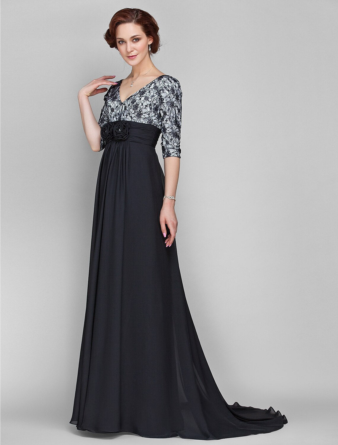 A-Line Mother of the Bride Dress Vintage Inspired V Neck Sweep / Brush Train Chiffon Lace Half Sleeve with Lace Ruched