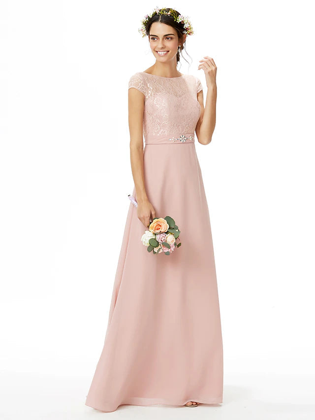 Sheath / Column Bridesmaid Dress Bateau Neck Short Sleeve Elegant Floor Length Chiffon / Lace with Lace / Sash / Ribbon