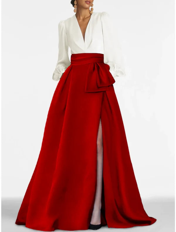 A-Line Evening Gown Elegant Dress Formal Sweep / Brush Train Formal Red Green Dress Long Sleeve V Neck Satin with Slit