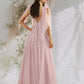 A-Line Beautiful Back Floral Open Back Engagement Prom Dress V Neck Backless Sleeveless Floor Length Tulle with Bow(s)