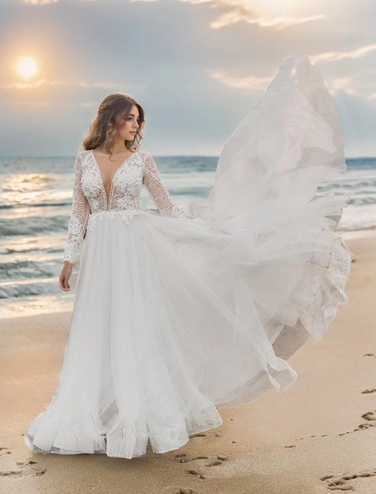 Beach Boho Wedding Dresses A-Line V Neck Long Sleeve Court Train Lace Bridal Gowns With Appliques