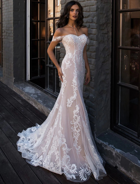 Beach Boho Wedding Dresses Mermaid / Trumpet Off Shoulder Cap Sleeve Court Train Lace Bridal Gowns