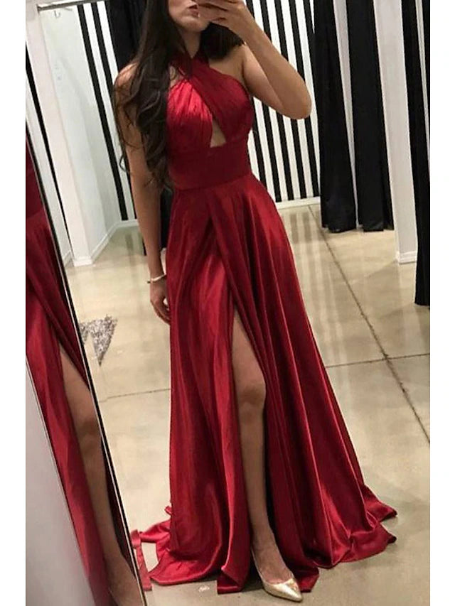 A-Line Prom Dresses Sexy Dress Formal Court Train Sleeveless High Neck Imitation Silk Backless