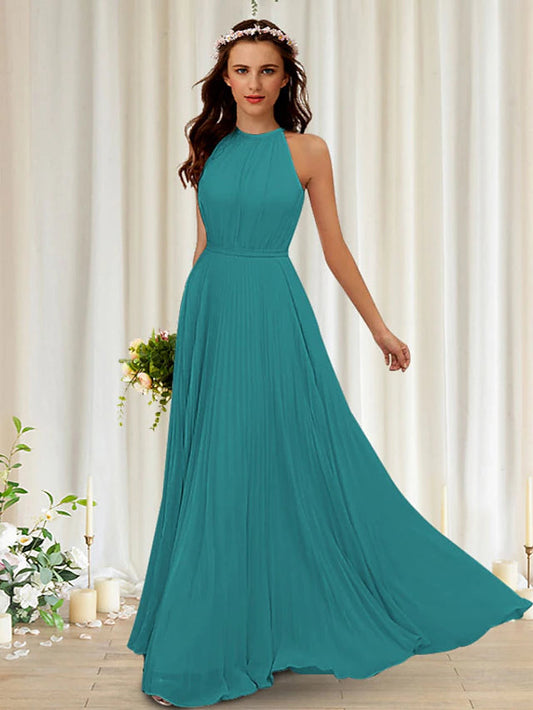 A-Line Bridesmaid Dress Halter Neck Sleeveless Elegant Floor Length Chiffon / Lace