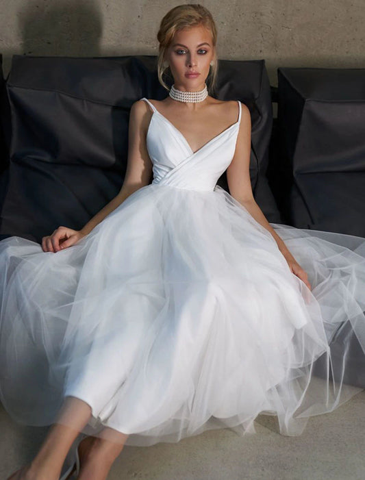 Reception Little White Dresses Casual Wedding Dresses A-Line Camisole V Neck Spaghetti Strap Ankle Length Tulle Bridal Gowns