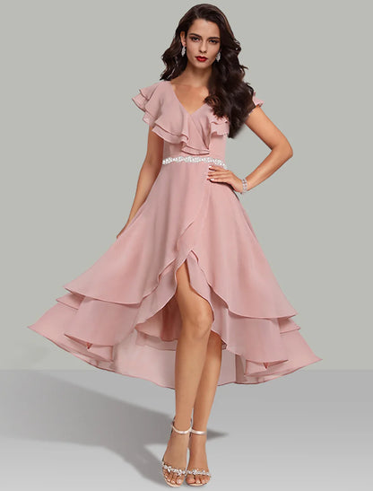 A-Line Wedding Guest Dresses Tiered Plisse Dress Cocktail Party Semi Formal Tea Length Short Sleeve V Neck Belt / Sash Chiffon with Beading Elegant