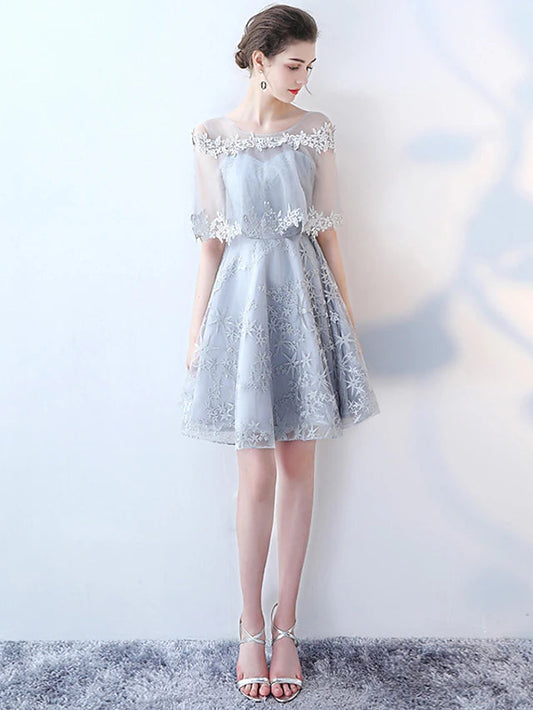 A-Line Minimalist Elegant Party Wear Cocktail Party Dress Jewel Neck Half Sleeve Short / Mini Tulle with Lace Insert Pattern