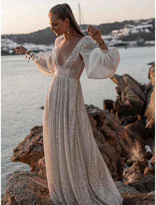Beach Open Back Boho Wedding Dresses A-Line V Neck Long Sleeve Sweep / Brush Train Sequined Bridal Gowns
