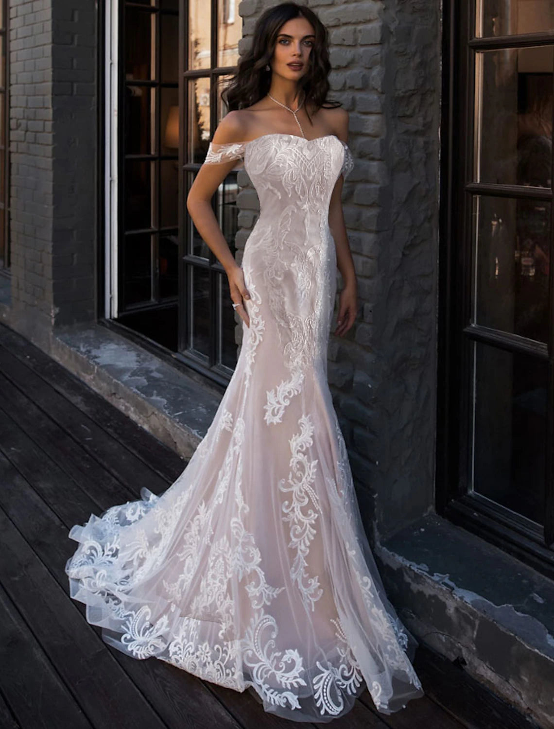 Beach Boho Wedding Dresses Mermaid / Trumpet Off Shoulder Cap Sleeve Court Train Lace Bridal Gowns