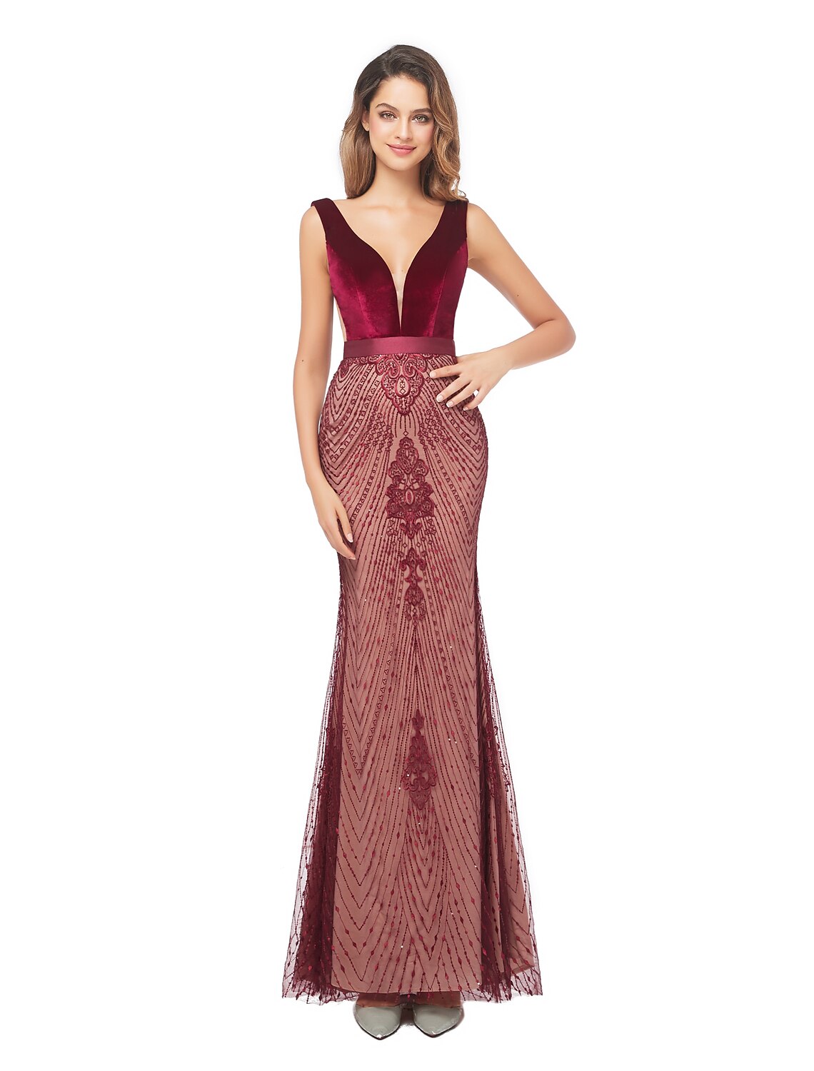Mermaid / Trumpet Evening Gown Luxurious Dress Formal Evening Sweep / Brush Train Sleeveless V Neck Fall Wedding Guest Velvet Backless