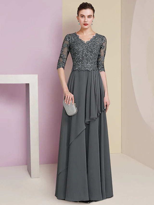 A-Line Mother of the Bride Dress Formal Luxurious Elegant V Neck Floor Length Chiffon Lace Half Sleeve with Pleats Beading