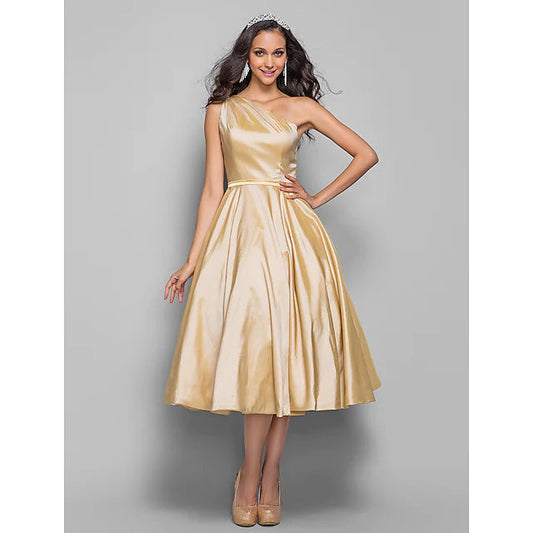 A-Line Minimalist Elegant Cocktail Party Wedding Party Dress One Shoulder Sleeveless Tea Length Taffeta with Sash