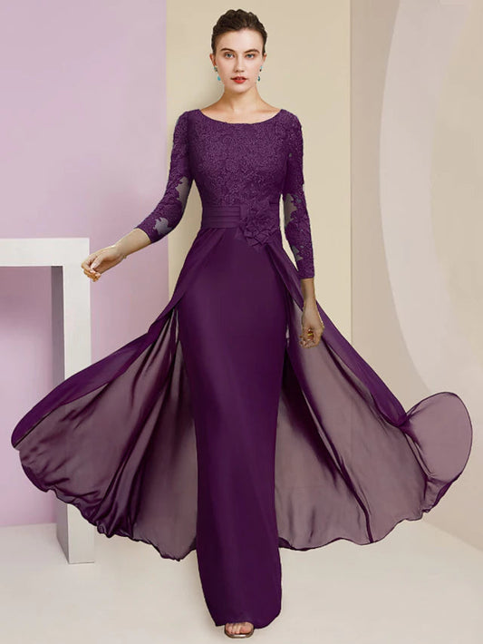 Sheath / Column Mother of the Bride Dress Formal Elegant Scoop Neck Floor Length Chiffon Lace 3/4 Length Sleeve with Flower