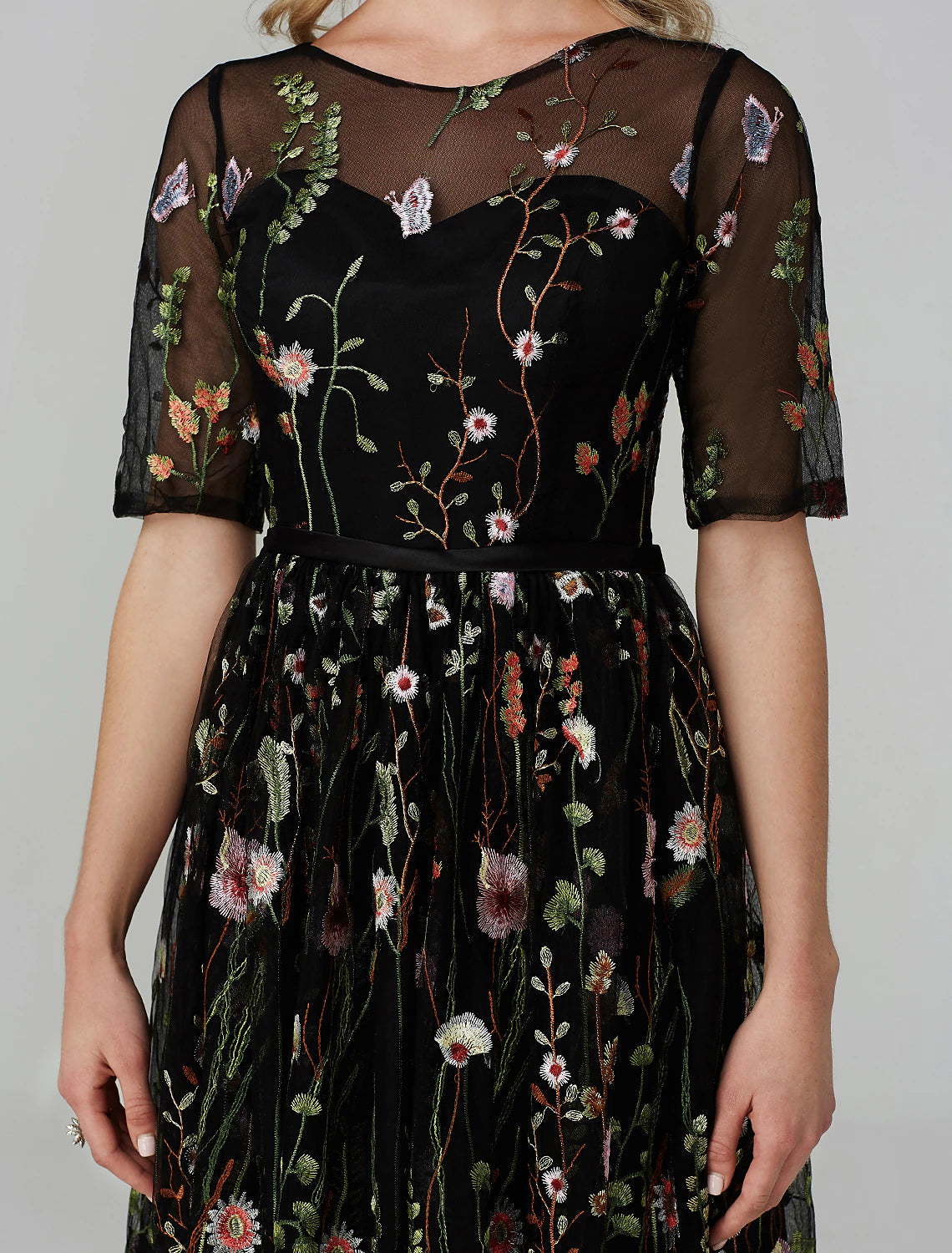 A-Line Party Dress Holiday Tea Length Half Sleeve Illusion Neck Organza with Embroidery