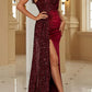 Elegant solid color sequin neck hanging A-line evening dress With Slit Sparkly