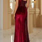 Elegant solid color sequin neck hanging A-line evening dress With Slit Sparkly