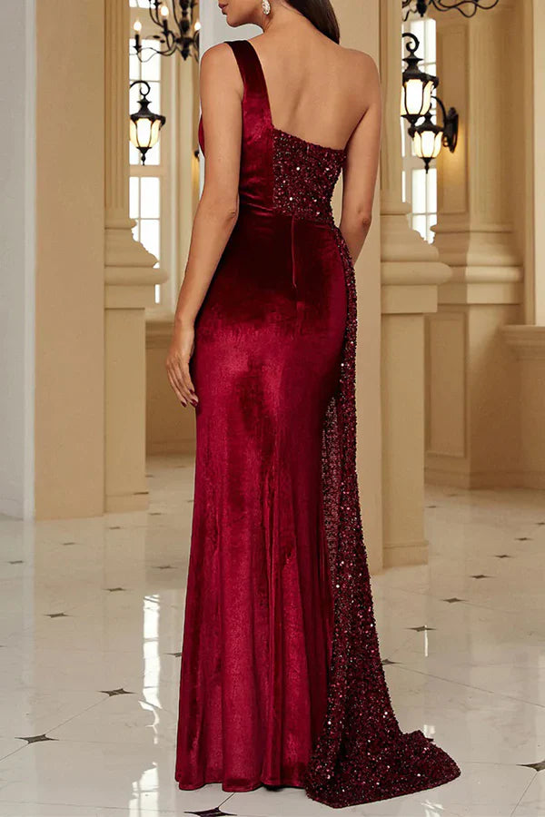 Elegant solid color sequin neck hanging A-line evening dress With Slit Sparkly