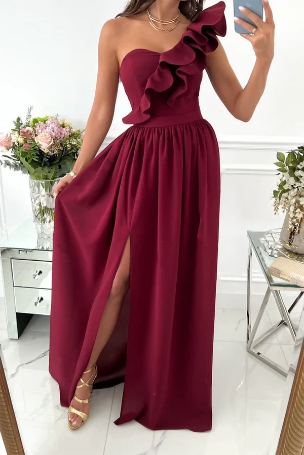 Leisure solid color ruffled edge one shoulder cake skirt evening dress With Slit Party Dress