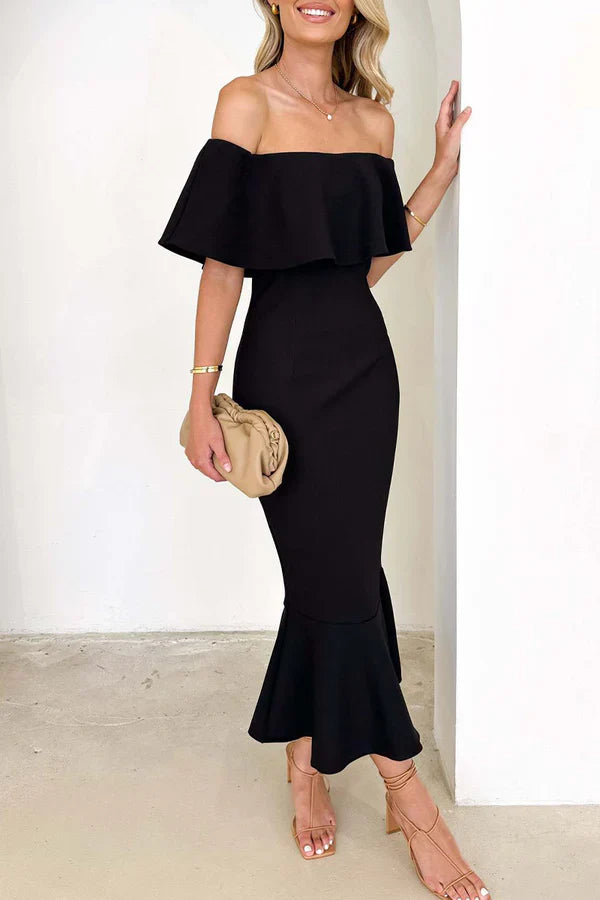 Sexy solid color ruffled edge off shoulder trumpet fish tail evening dress Party Dress