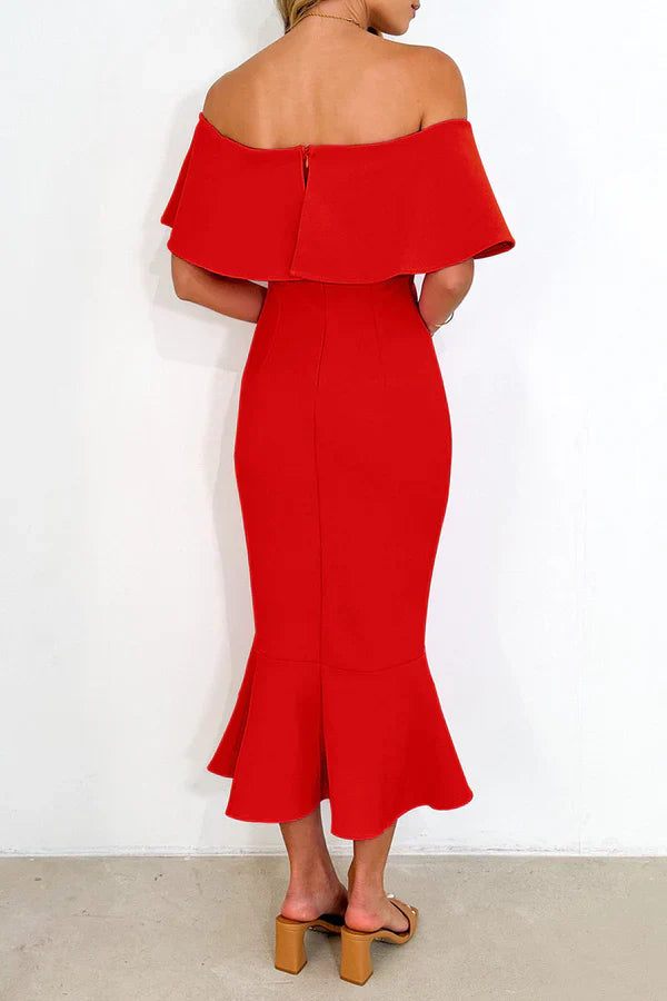 Sexy solid color ruffled edge off shoulder trumpet fish tail evening dress Party Dress