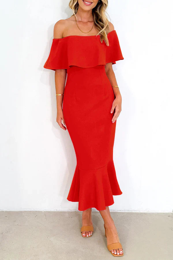 Sexy solid color ruffled edge off shoulder trumpet fish tail evening dress Party Dress