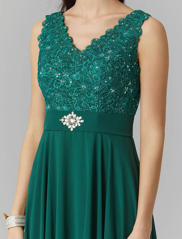 A-Line Elegant Dress Wedding Guest Formal Evening Floor Length Sleeveless V Neck Chiffon V Back with Beading