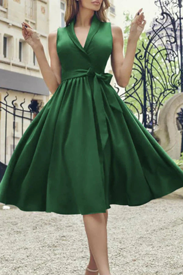 Fashionable and sexy solid color tie up V-neck A-line evening dress Party Dress