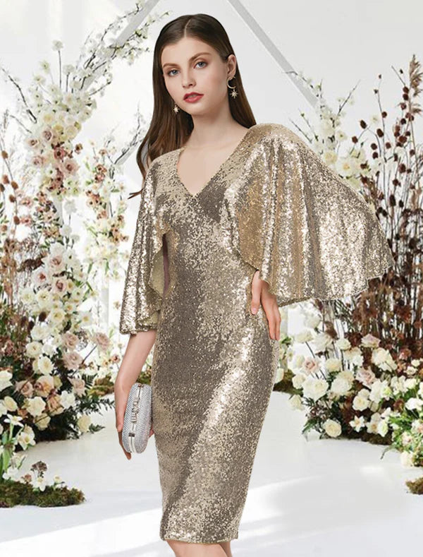 Sheath / Column Cocktail Dresses Glittering Dress Graduation Cocktail Party Knee Length Half Sleeve V Neck Sequined with Sleek Sparkly