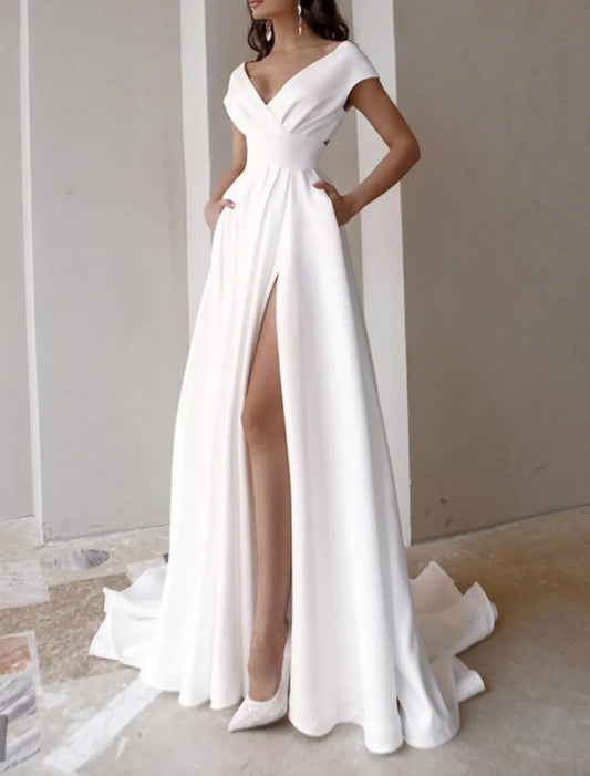 A-line/Princess V-neck Cap Sleeve Wedding Dress Split Front Sweeping/Brush Tail Sexy Evening Dresses