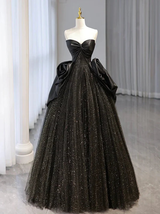 Glitter A-Line Sweetheart Neck Tulle Satin Ballgown Black Long Prom Dress Sparkly Evening Dress