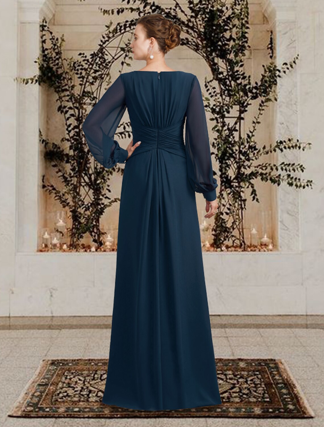 A-Line Mother of the Bride Dress Wedding Guest Elegant Plus Size V Neck Floor Length Chiffon Long Sleeve with Ruched Ruffles Side-Draped dress Solid Color