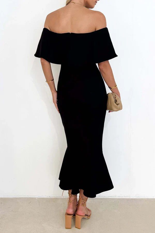 Sexy solid color ruffled edge off shoulder trumpet fish tail evening dress Party Dress