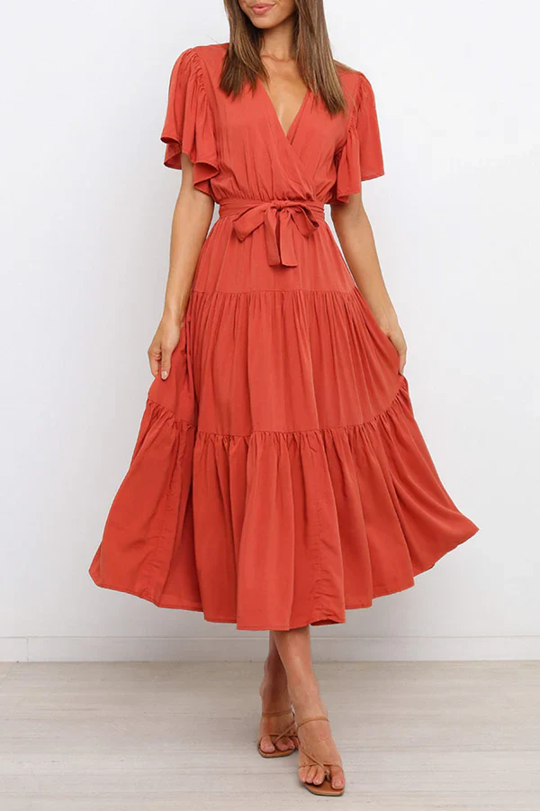 Leisure solid color patchwork V-neck cake dress evening dress Party Dress