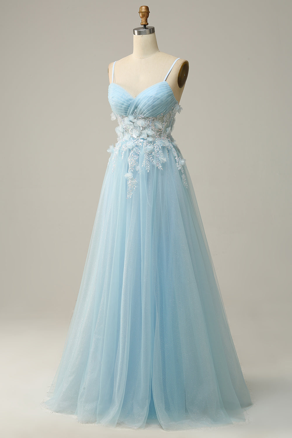 A Line Spaghetti Straps Sky Blue Prom Dress with Appliques Beautiful