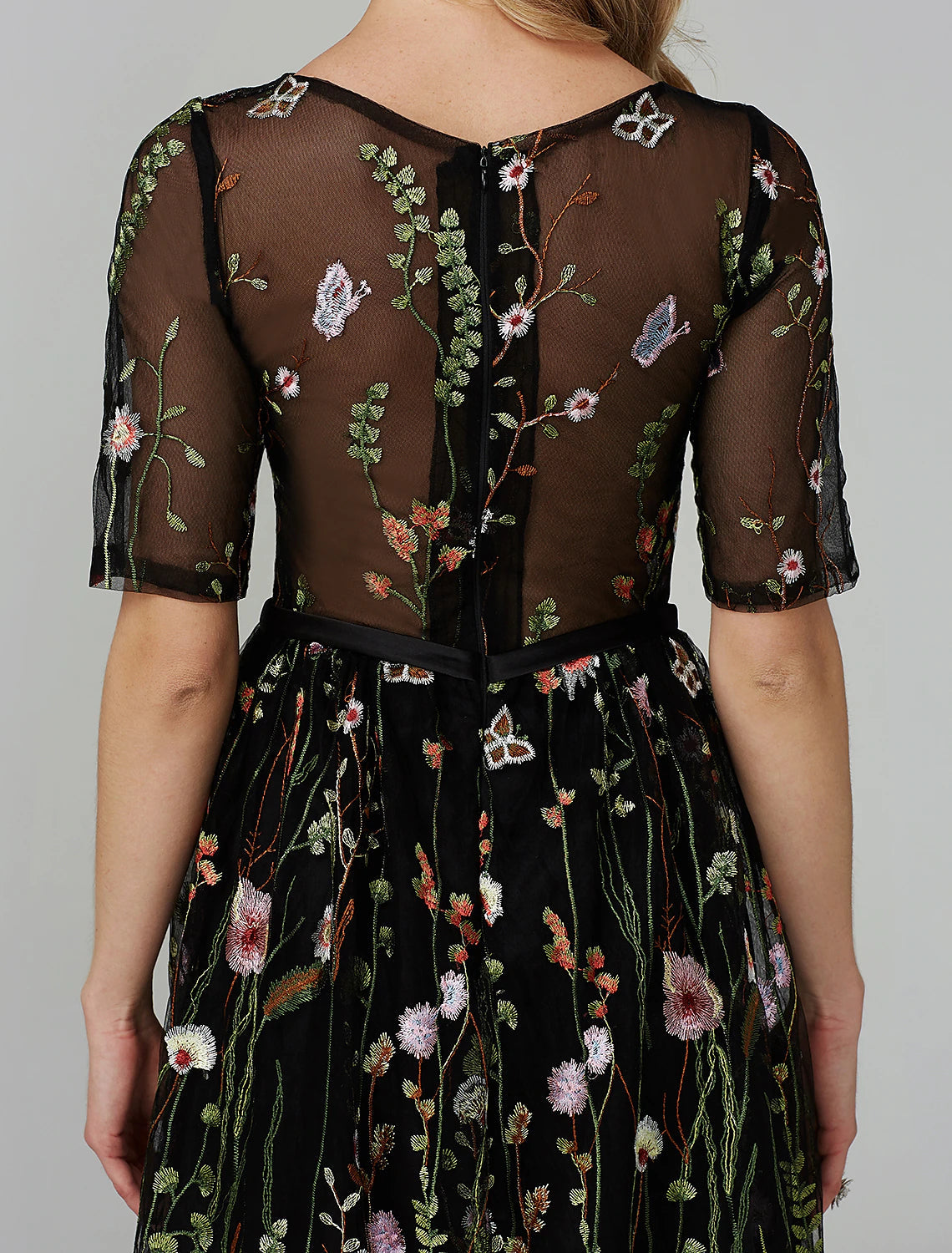 A-Line Party Dress Holiday Tea Length Half Sleeve Illusion Neck Organza with Embroidery