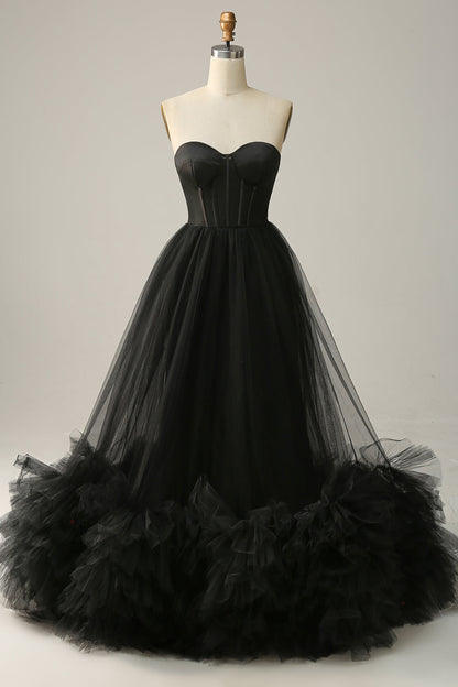 A Line Sweetheart Black Corset Prom Dress with Ruffled Off Shoulder Sexy Evening Dress