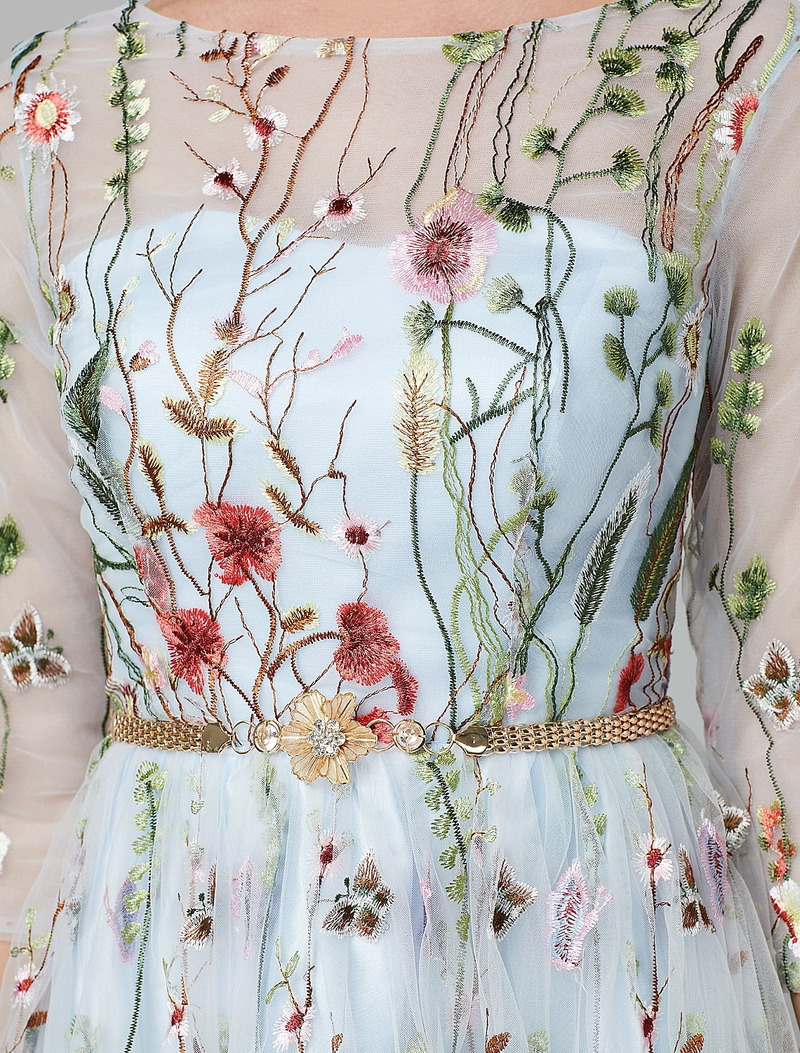 A-Line Evening Gown Party Dress Floral Dress Holiday Wedding Guest Floor Length 3/4 Length Sleeve Illusion Neck Lace