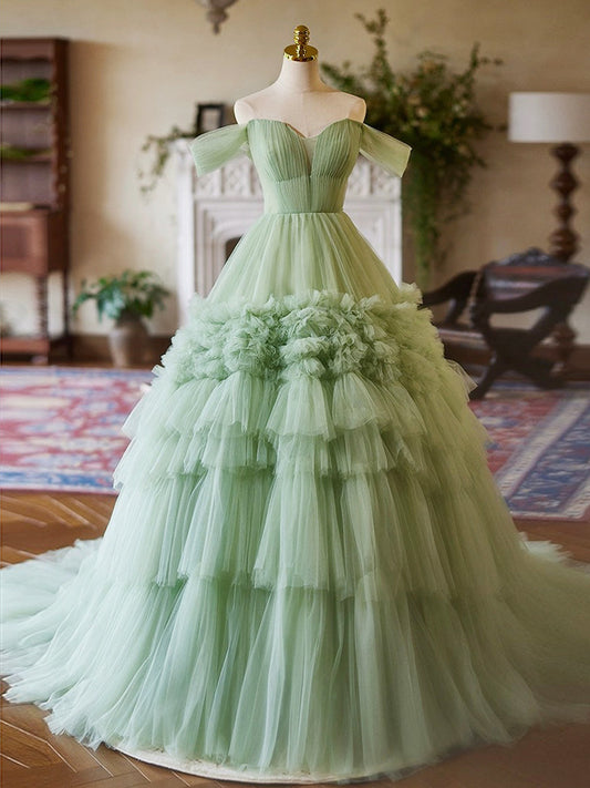 A-Line Off Shoulder Tulle Green Long Prom Dress Sweet 16 Dress Floor Length Solid Color