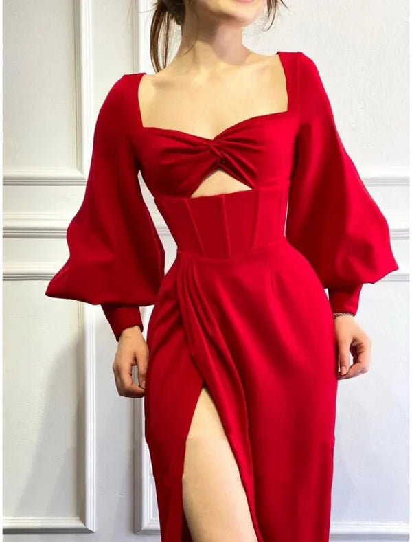 A-Line Evening Gown Party Wear Floor Length Long Sleeve Square Neck Wedding Guest Dresses with Slit