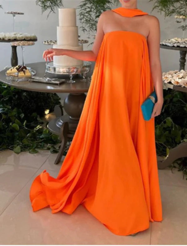 A-Line Evening Gown Fairy Dress Formal Wedding Guest Floor Length Sleeveless Strapless Stretch Chiffon with Pleats Shawl