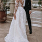 Beach Formal Wedding Dresses A-Line Illusion Neck Long Sleeve Sweep / Brush Train Lace Bridal Gowns With Pleats