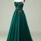 A Line Spaghetti Straps Dark Green Corset Prom Dress with Appliques Beautiful