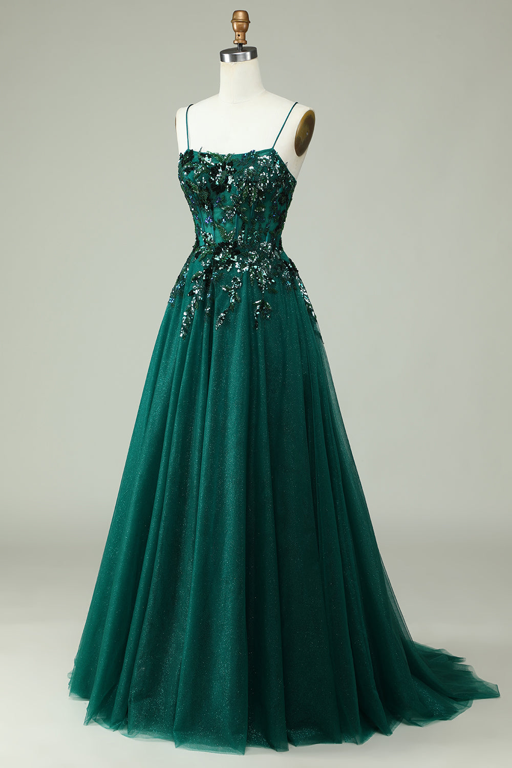 A Line Spaghetti Straps Dark Green Corset Prom Dress with Appliques Beautiful