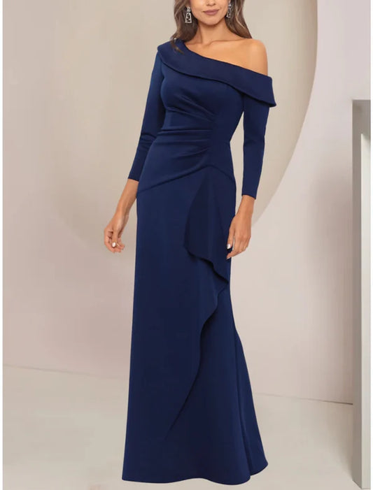 A-Line Mother of the Bride Dress Wedding Guest Elegant Party Off Shoulder Floor Length Stretch Fabric Long Sleeve with Ruffles Ruching