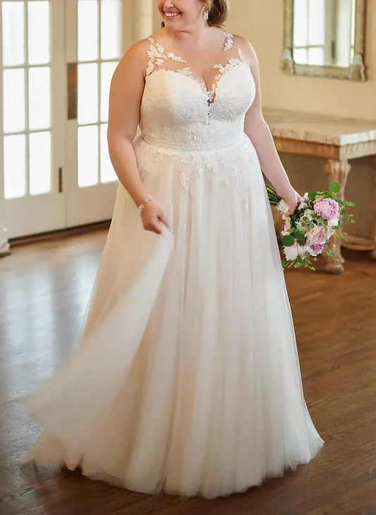 A-line/Princess V-neck Large Sticker Lace Wedding Dress Plus Size Beautiful