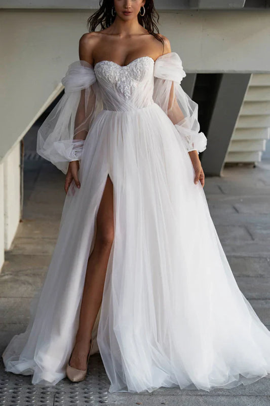 A Line Sweetheart Sticker Hall Casual Wedding Dress with Sleeves Country Style Bridal Dress Off Shoulder With Slit