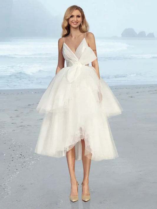 A-line/Princess V-neck Tea Long Wedding Dress Beautiful