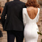 Reception Open Back Royal Style Simple Wedding Dresses Mermaid / Trumpet Square Neck Long Sleeve Court Train Satin Bridal Gowns