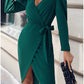 Women's Party Dress Cocktail Dress Green Dress Lace up Ruched V Neck Long Sleeve Midi Dress Christmas Birthday Green Solid Color