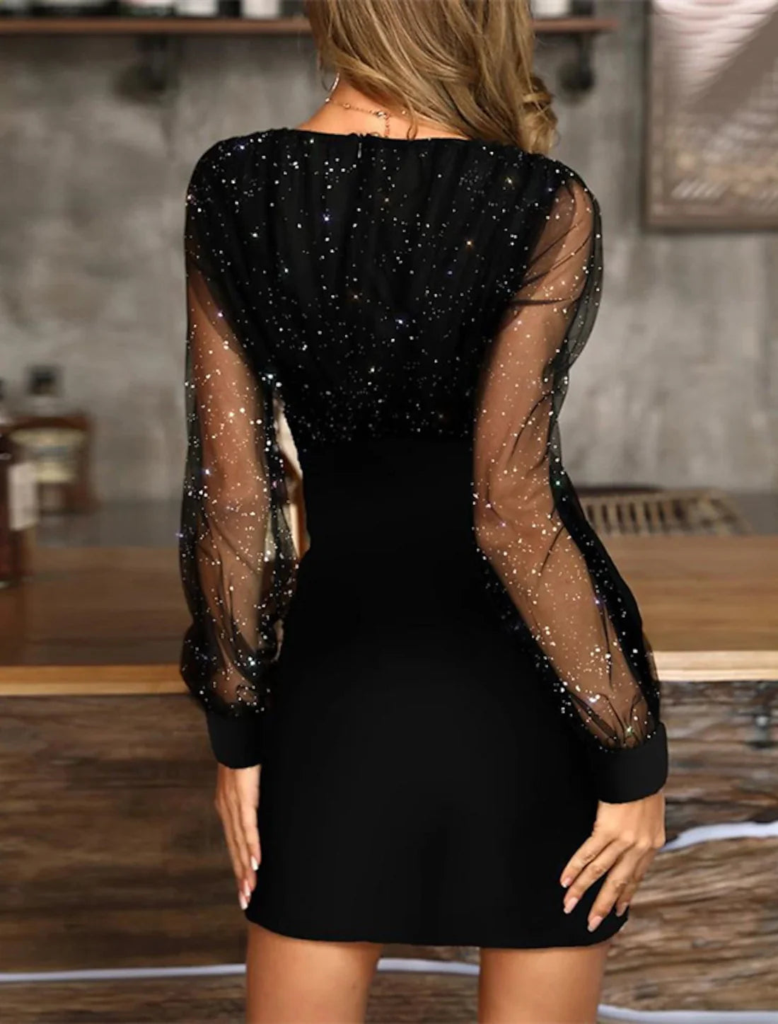 Black Dress Wedding Guest Cocktail Dress Sexy V Neck Bodycon Patchwork Long Mesh Sleeve Spring Sparkly